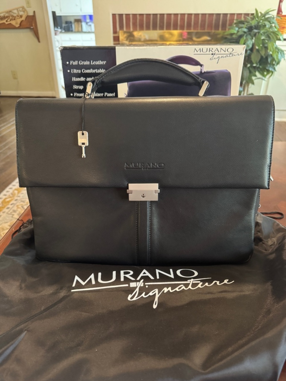 Murano Black Leather Laptop Briefcase with Silver Hardware